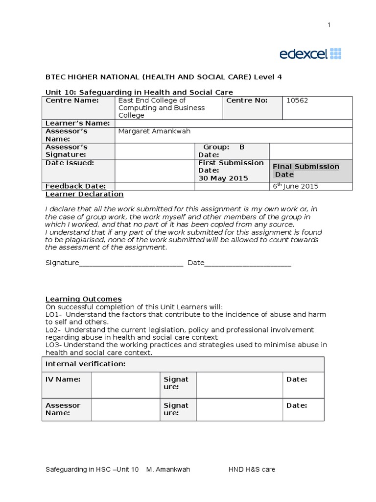Unit 10 Safeguarding in Health and Social Care Assignment (2