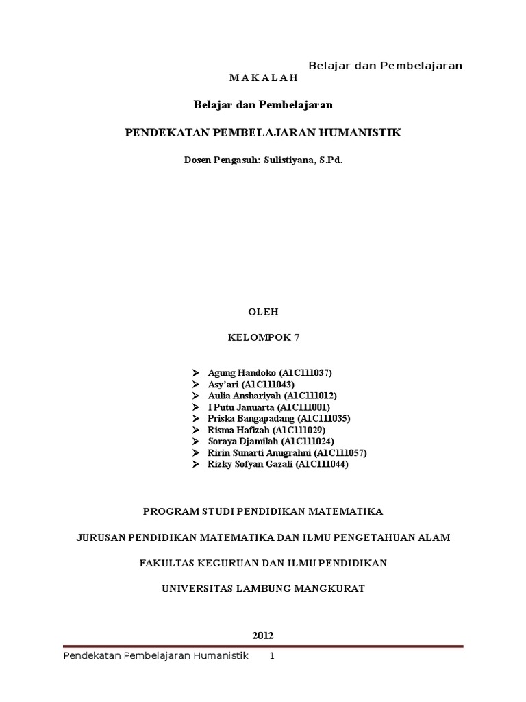 Makalah Pendekatan Pembelajaran Humanistik (Kelompok 7).docx