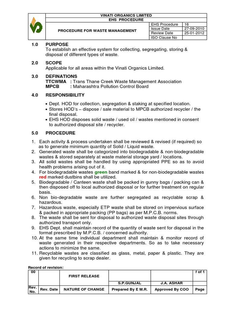 Vinati Organics Waste Management Procedure | PDF | Waste Management | Scrap