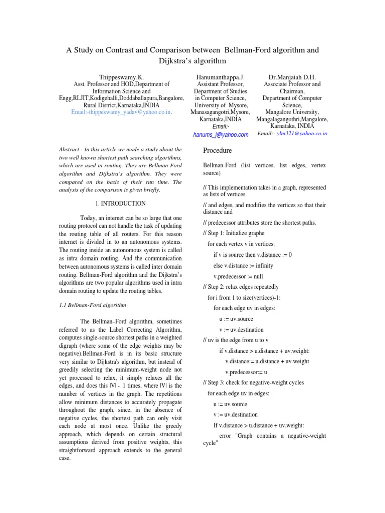 A Study On Contrast And Comparison Between Bellman Ford Algorithm And Dijkstras Algorithms Pdf Theoretical Computer Science Discrete Mathematics