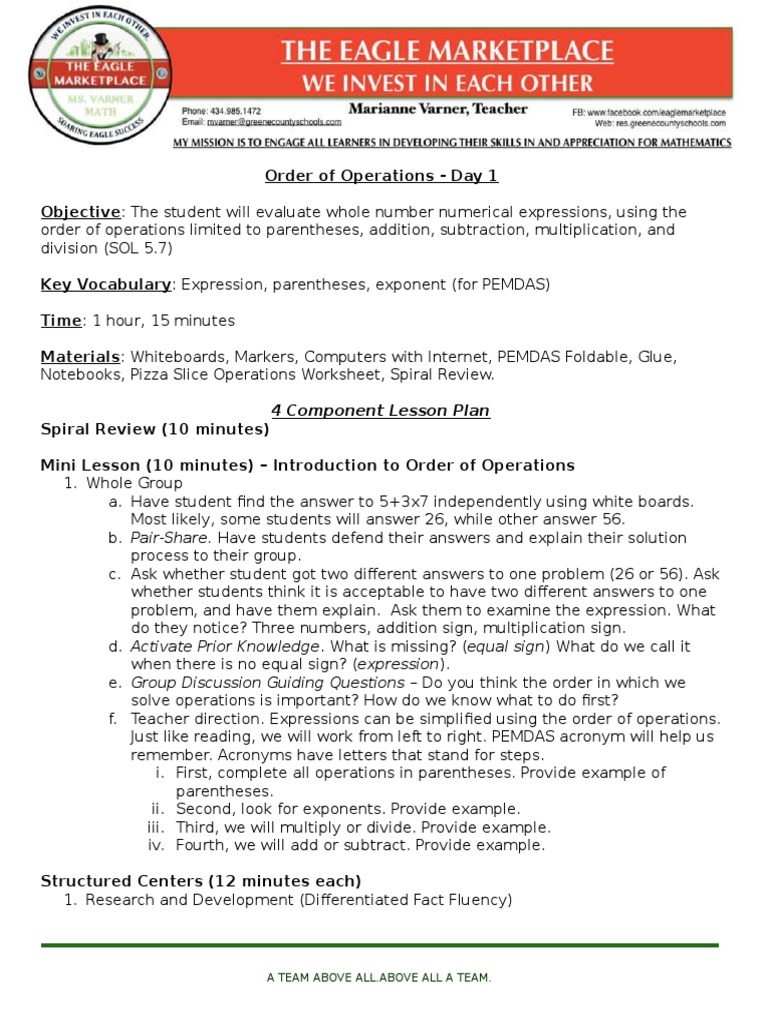 Grade 6 Order of Operations Lesson Plan | PDF | Worksheet | Fraction ...