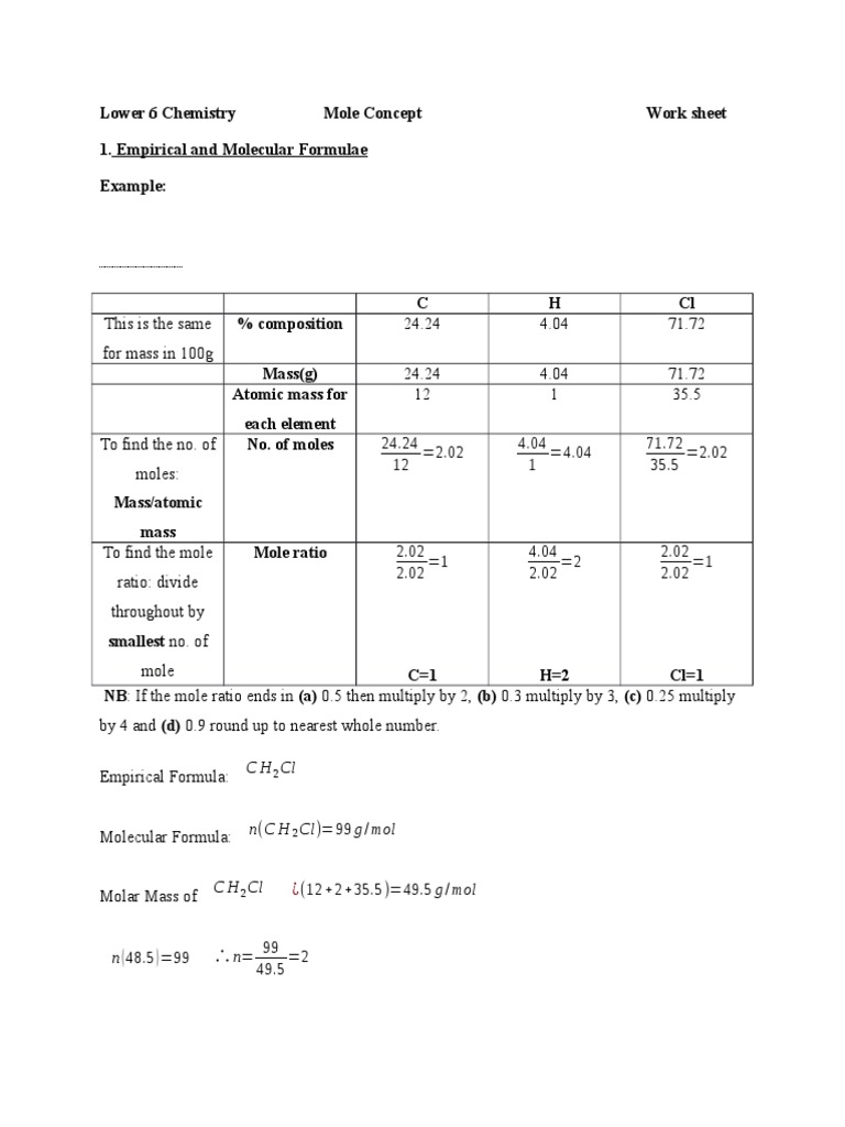 Mole Concept WorksheetL6 | Mole (Unit) | Molar Concentration