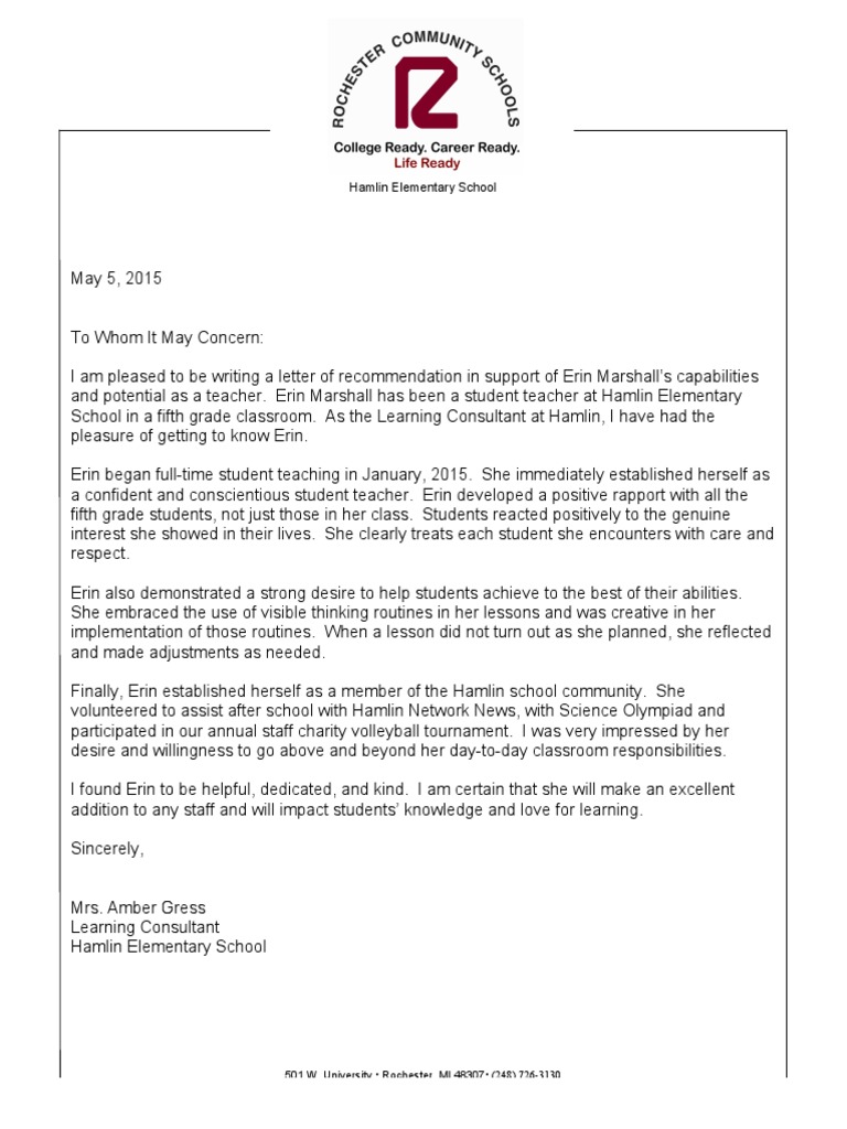 Recommendation for Erin Marshall, Teacher | PDF