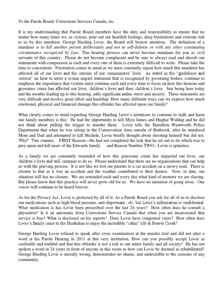Victim Impact Statement on George Lovie | PDF | Murder | Crime & Violence