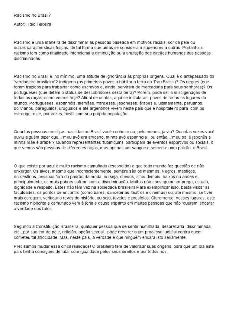 Racismo No Brasil TEXTO Racismo Etnia, raça e gênero
