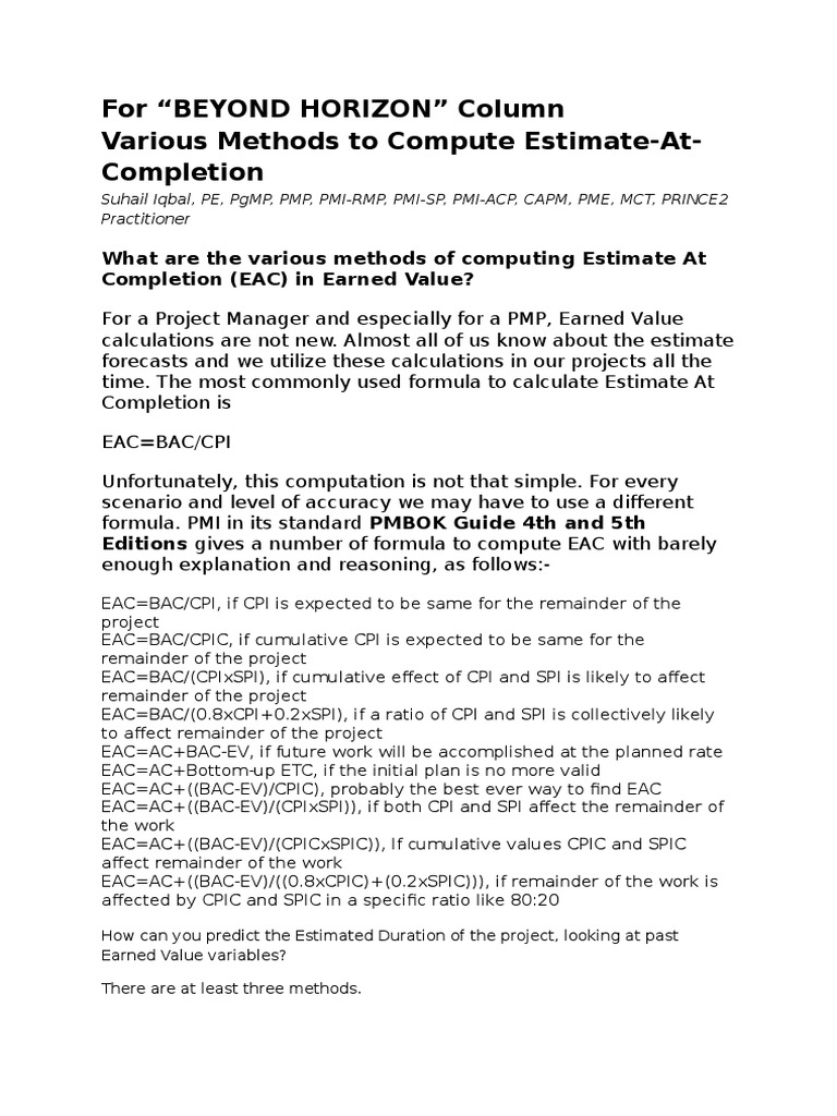 EAC Calculation Methods in Project Management | PDF | Consumer Price ...