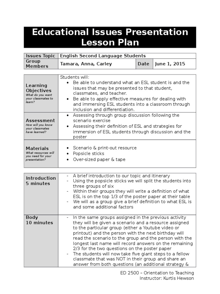 education issues lesson plan template English As A Second Or