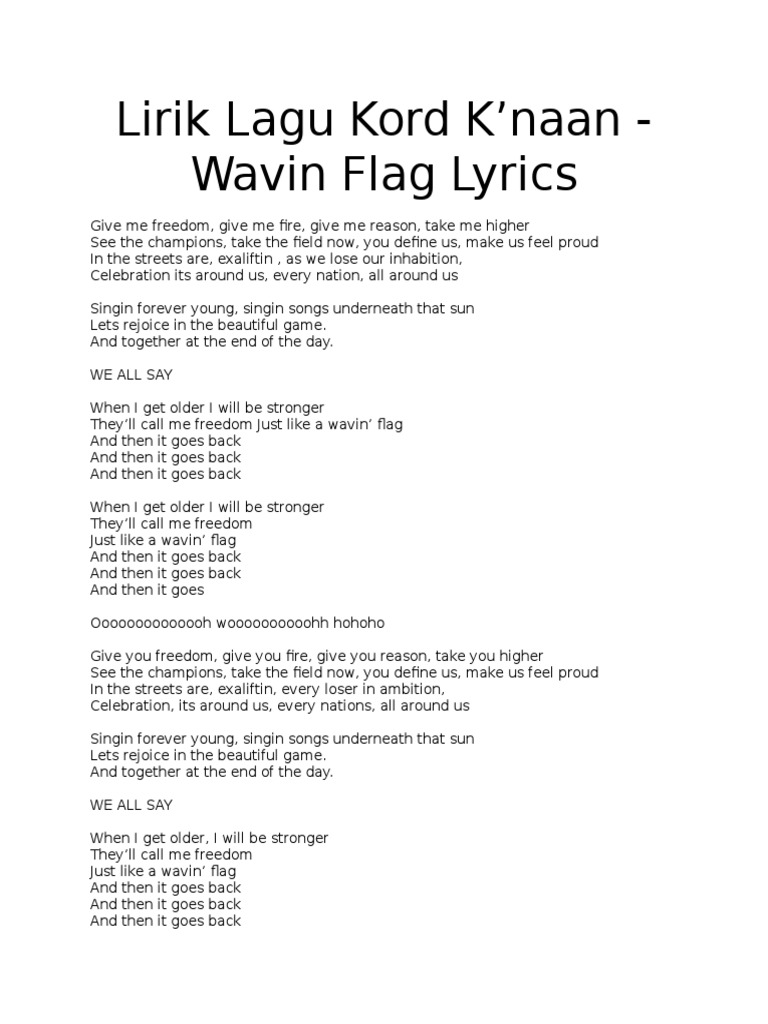 Lirik Lagu Kord K'Naan Wavin Flag PDF