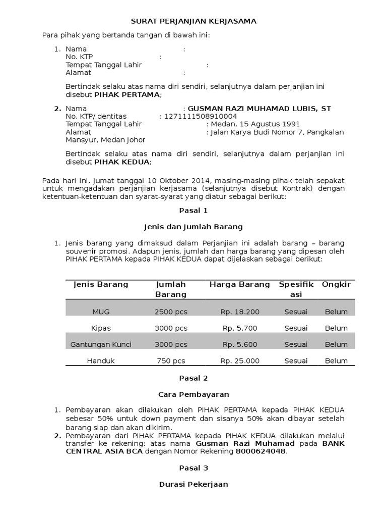 Contoh Format Surat Perjanjian Kontrak Kerjasama