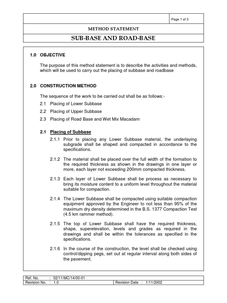 Method Statement for Roadbase Construction  Road Surface 