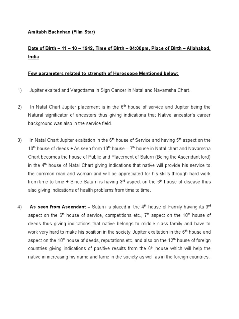 Amitabh Bachchan Chart PDF In Astrology Astrological Sign