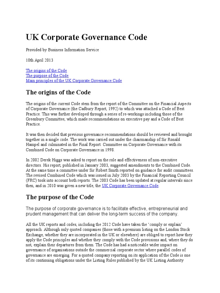 uk corporate governance code essay
