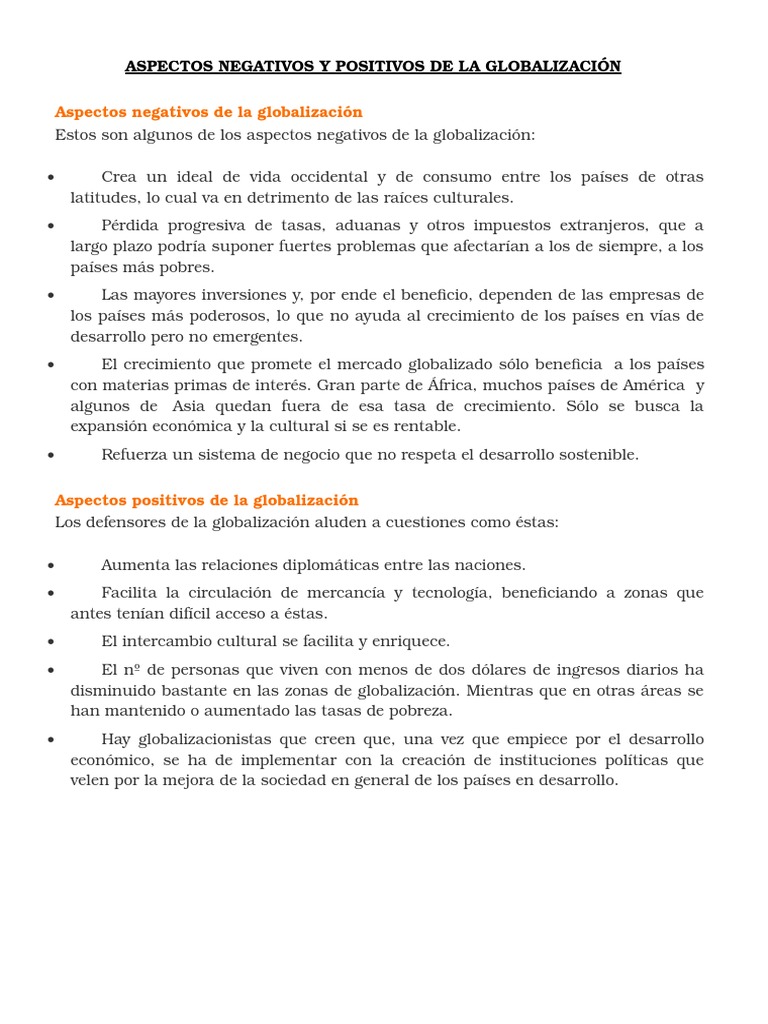 Aspectos Negativos y Positivos de La Globalización | PDF | Política