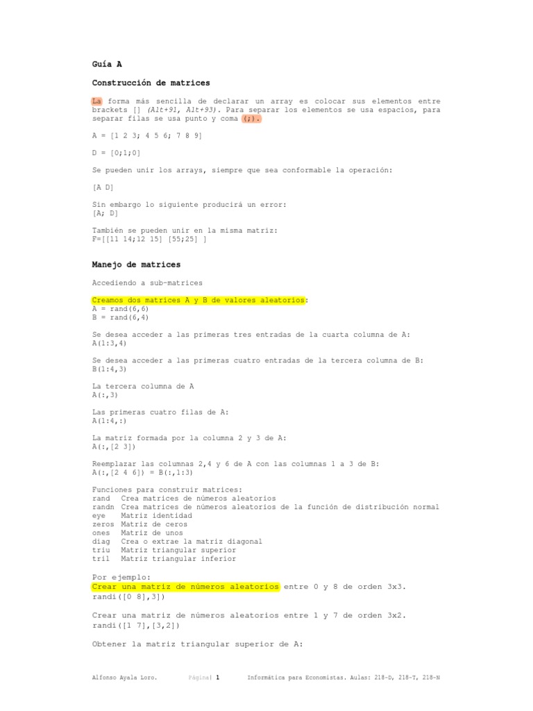 Creación y manejo de matrices en MATLAB | PDF | Matriz (Matemáticas ...