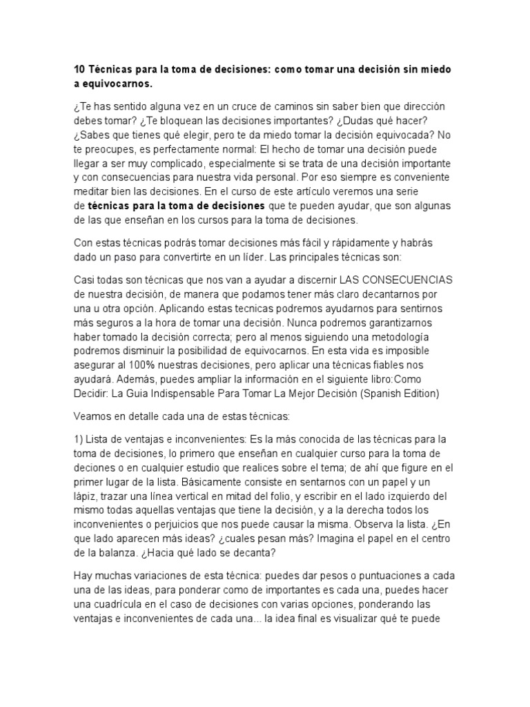Técnicas para tomar decisiones efectivas | PDF | Toma de decisiones ...