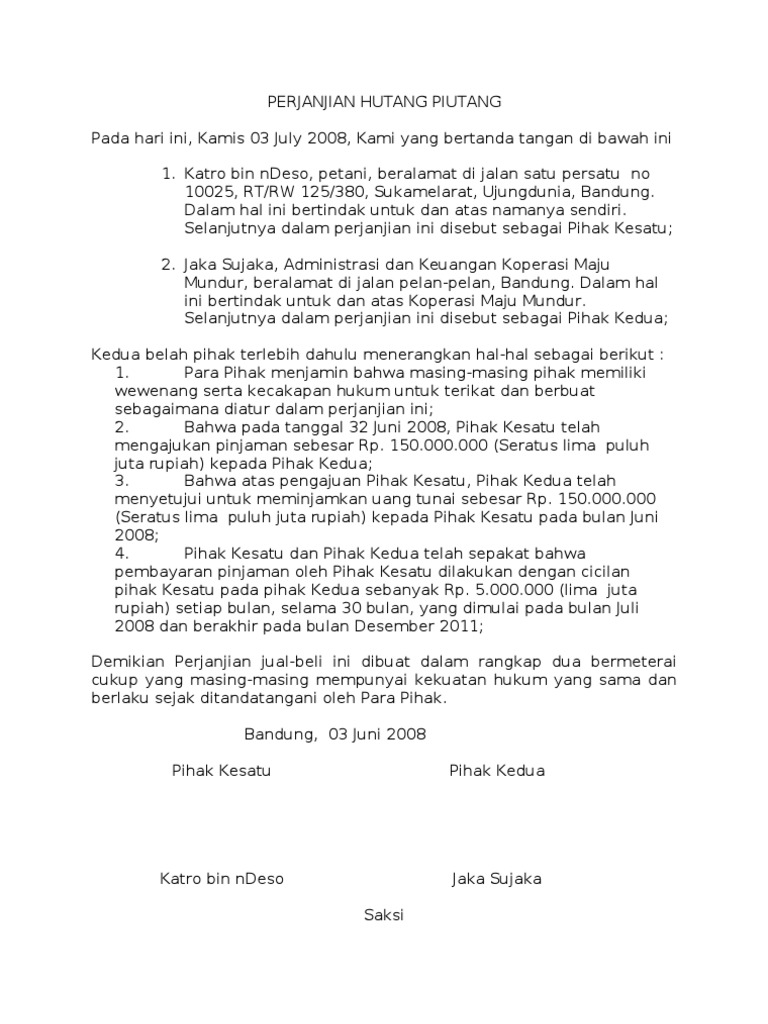 Surat Perjanjian Hutang Piutang Dengan Jaminan
