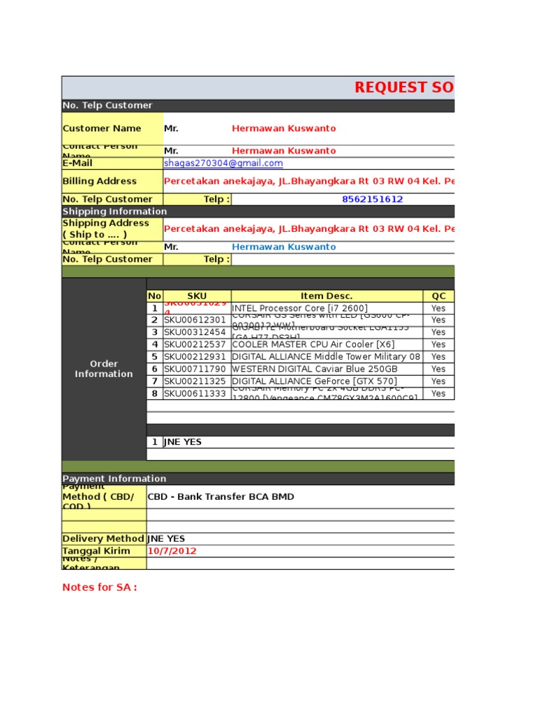 Order Request for Computer Parts | PDF