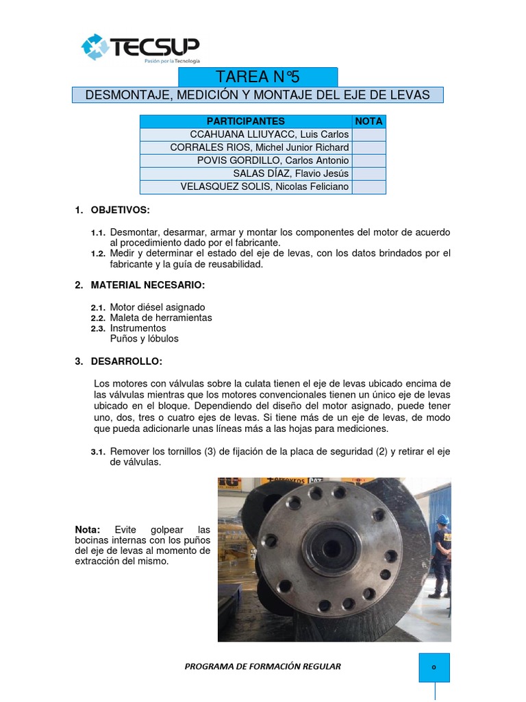 DESMONTAJE MEDICIÓN Y MONTAJE DEL EJE DE LEVAS Laboratorio 5 PDF PDF