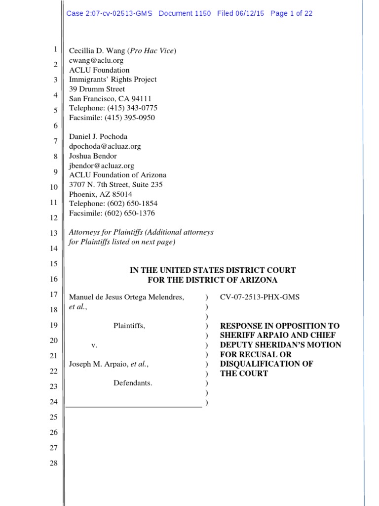 Opposition to Arpaio's Recusal Motion | PDF | Judicial Disqualification ...