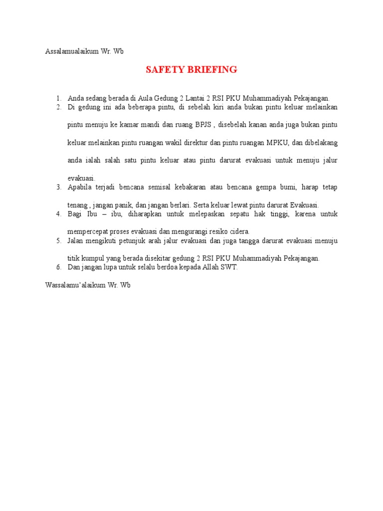 Safety Briefing RSI PKU Pekajangan | PDF