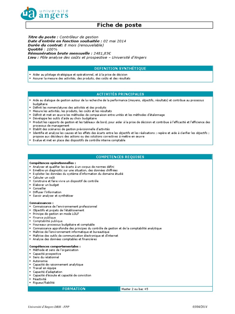 Fiche de Poste Contrôleur de Gestion  Comptabilité  Business