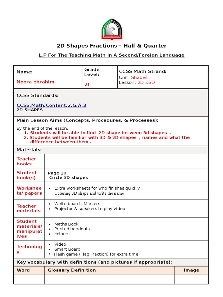 2D Shapes and Fractions Lesson Plan | PDF