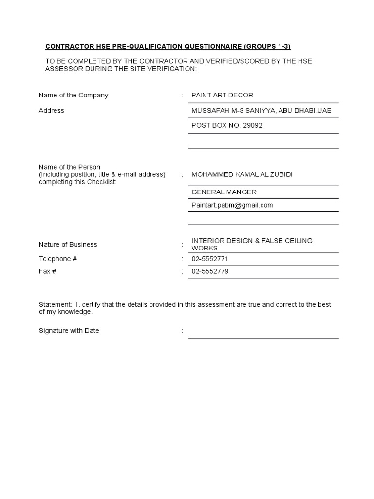Contractor Unified HSE PQ Questionnaire (1-3) | PDF | Occupational ...