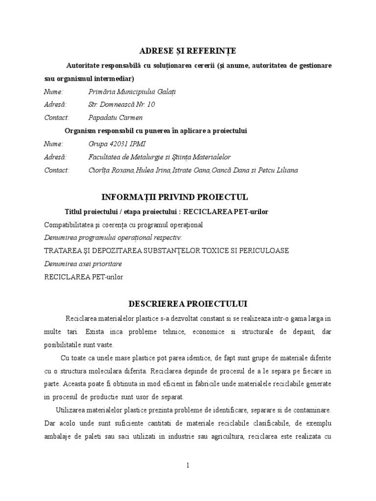 Proiect Reciclare Pet Uri