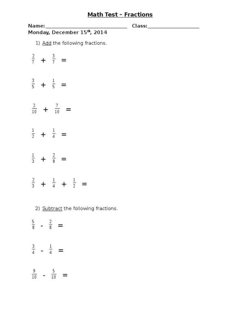 Fractions Math Test Worksheet | PDF | Fraction (Mathematics) | Algebra