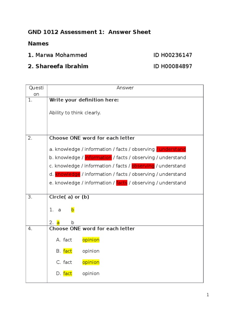 GND 1012 Assessment 1 Answer Sheet | PDF | Career & Growth | Business