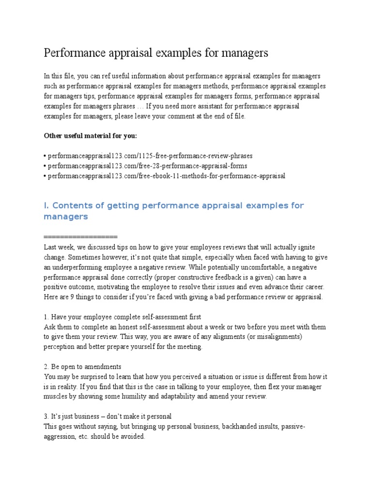 Performance Appraisal Examples For Managers Performance Appraisal Mentorship