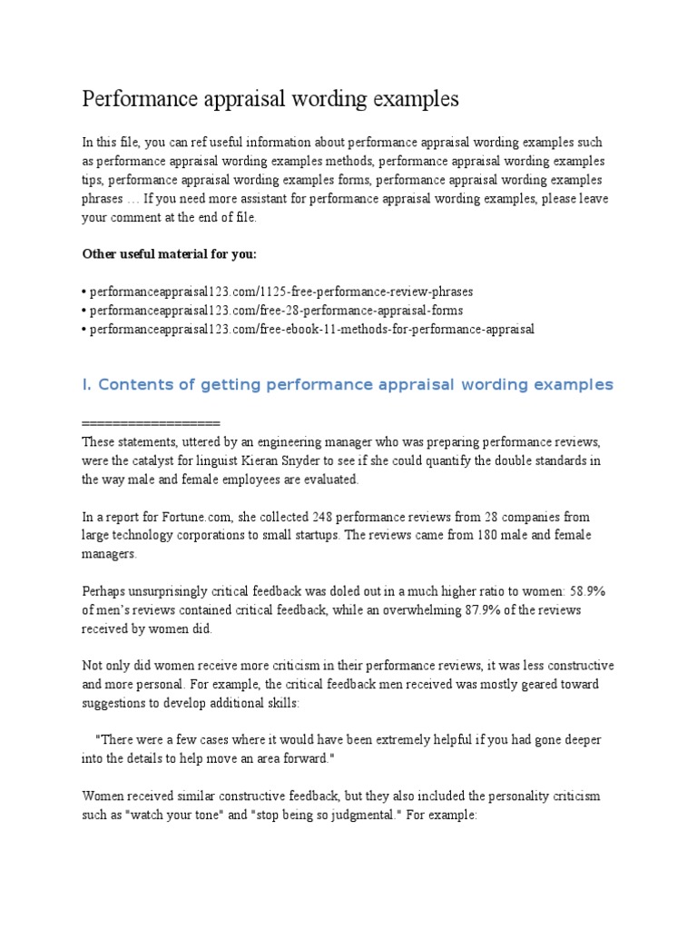 Performance Appraisal Wording Examples  PDF  Performance