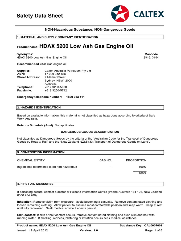 HDAX 5200 Low Ash Gas Engine OilMSDS PDF Dangerous Goods Toxicity