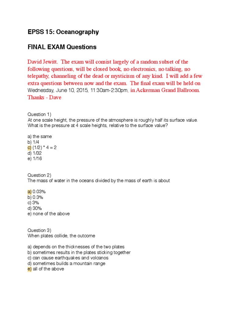 Epss 15 Oceanography Final Exam Questions Pdf Europa Moon Earth