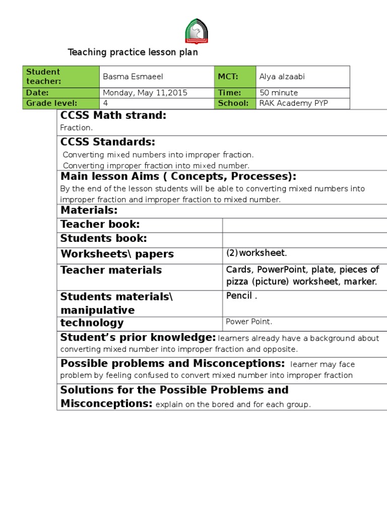 4th Grade Fraction Lesson Plan | PDF | Fraction (Mathematics) | Lesson Plan