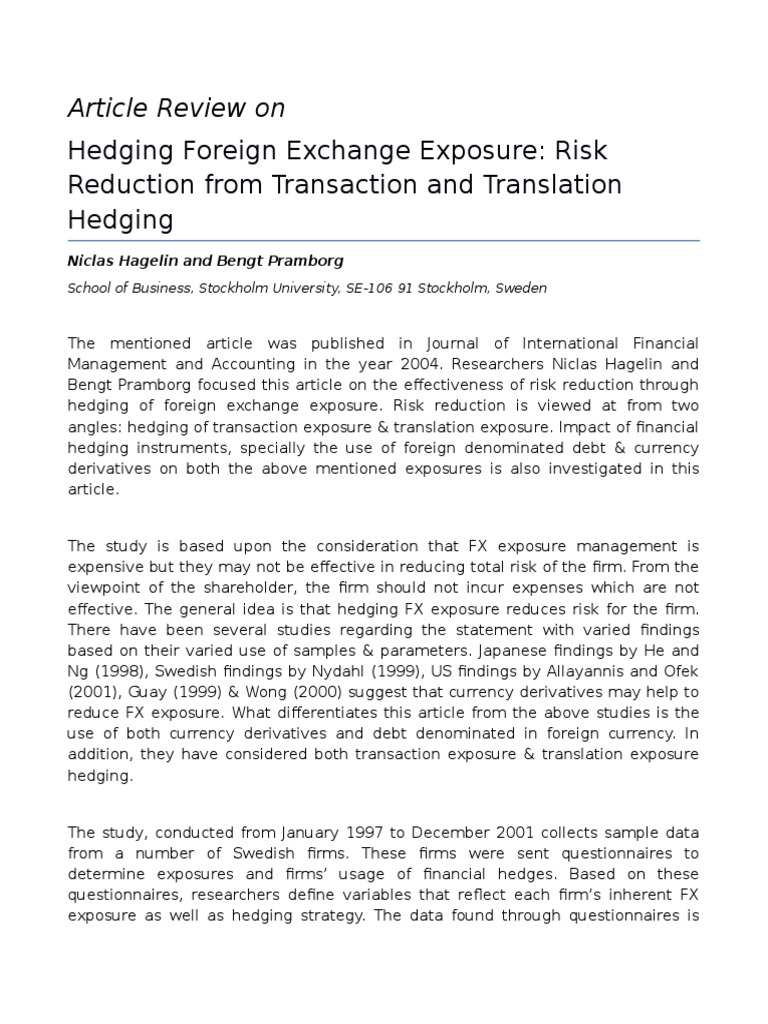 Article Review On Hedging Foreign Exchange Exposure Hedge Finance