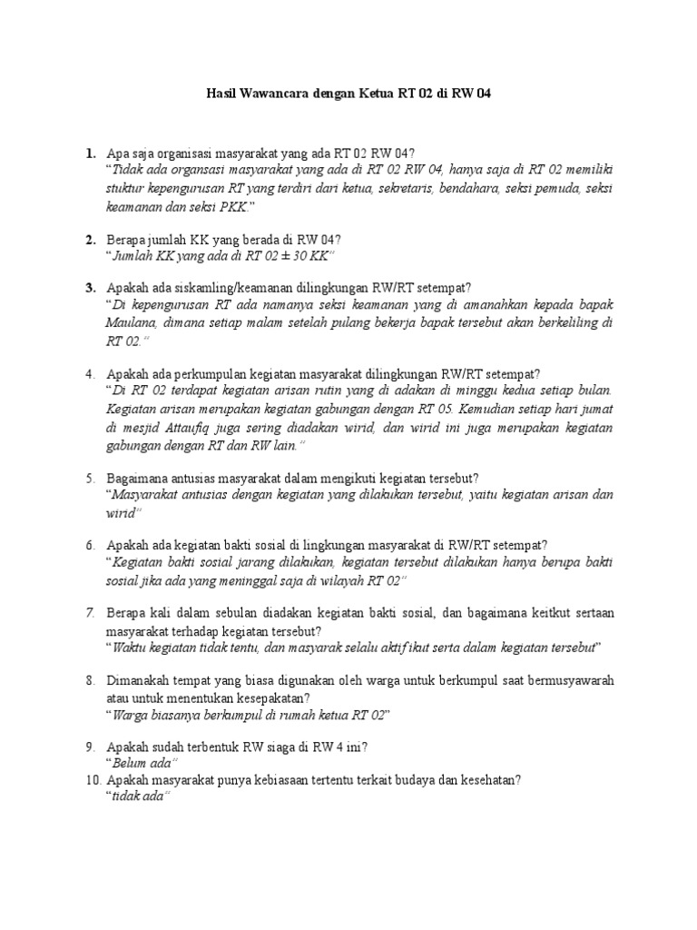 Hasil Wawancara Dengan Ketua Rt 02 Di Rw 04