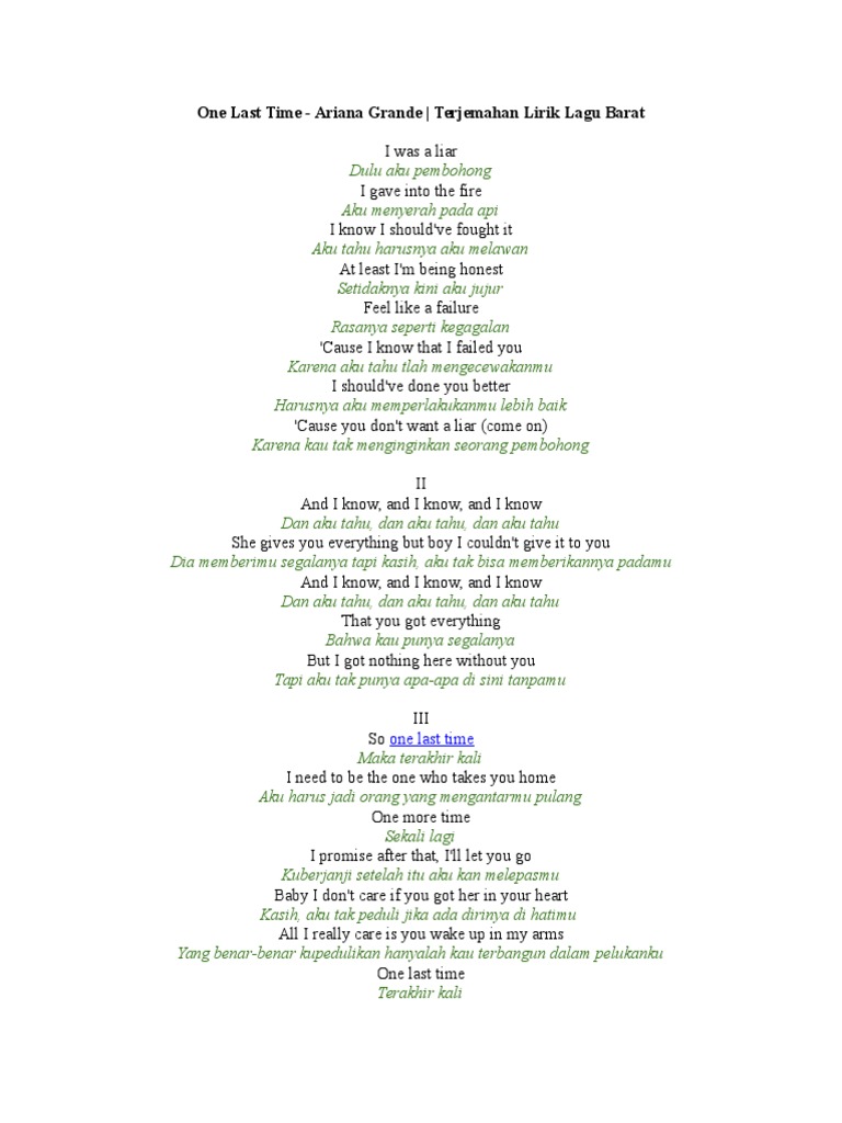 One Last Time Ariana Grande Terjemahan Lirik Lagu Barat
