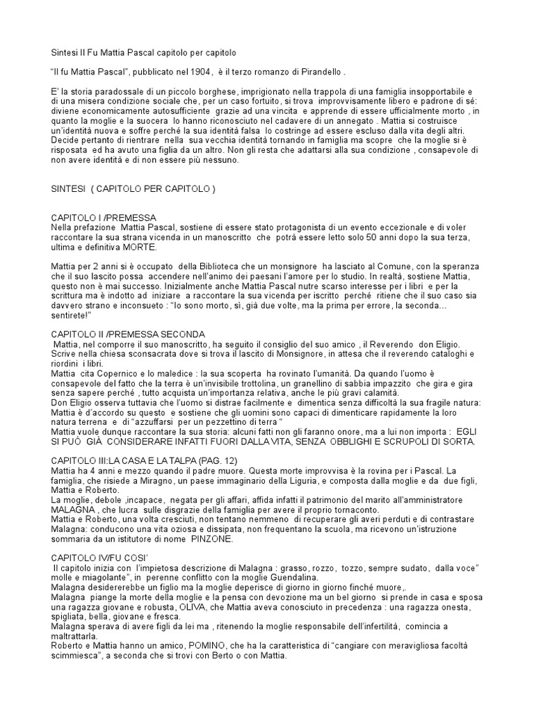Mattia Pascal Riassunto Per Capitoli