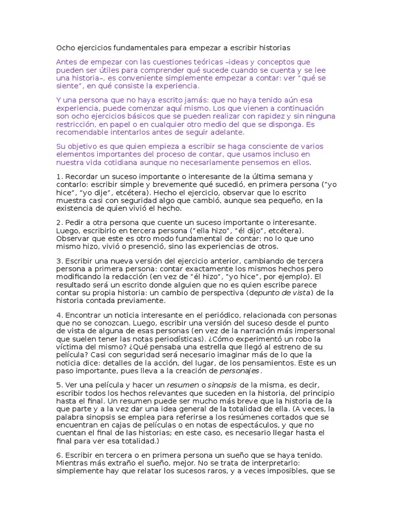 Ocho Ejercicios Fundamentales para Empezar A Escribir Historias | PDF ...