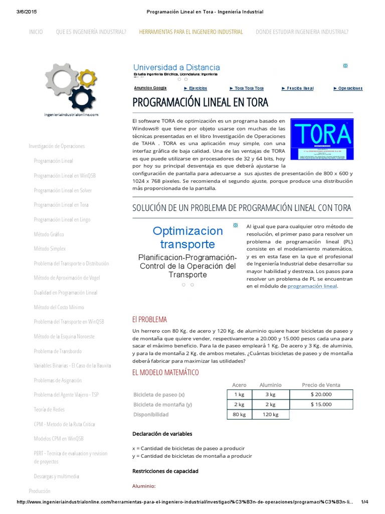 Programación Lineal en Tora - Ingeniería Industrial | PDF ...