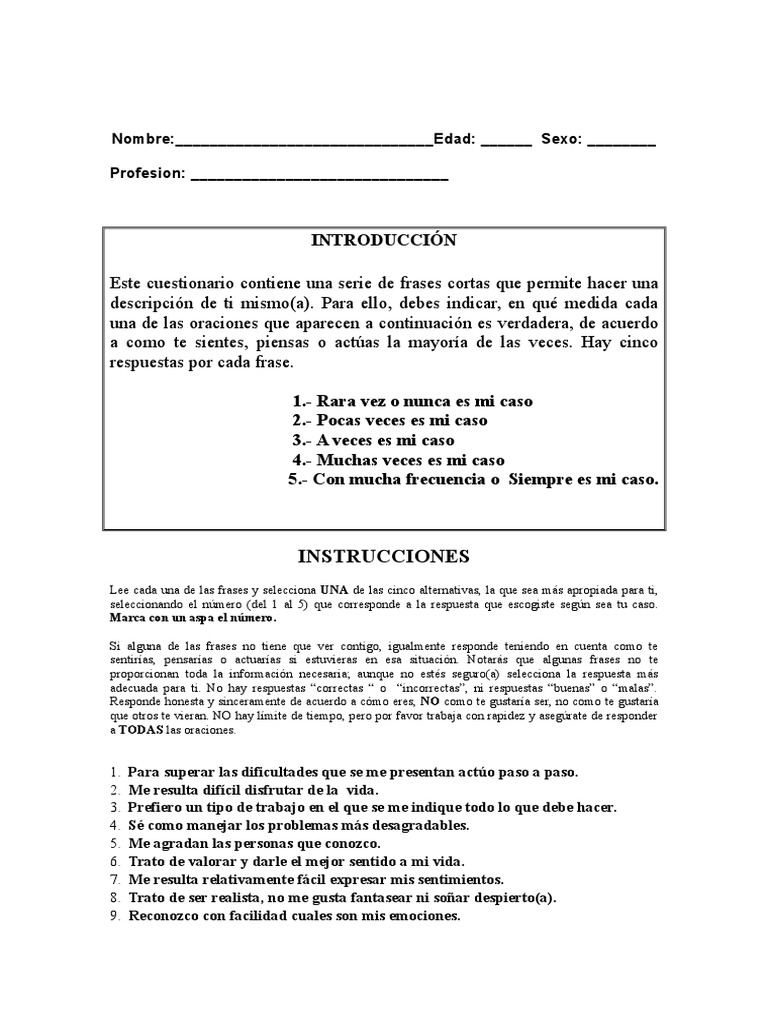 Cuestionario BarOn | PDF | Toma de decisiones | Ansiedad