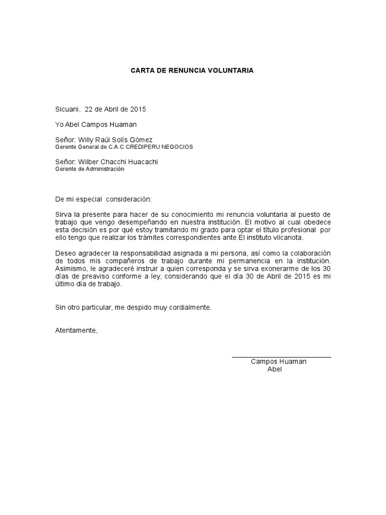 Carta De Renuncia Voluntaria