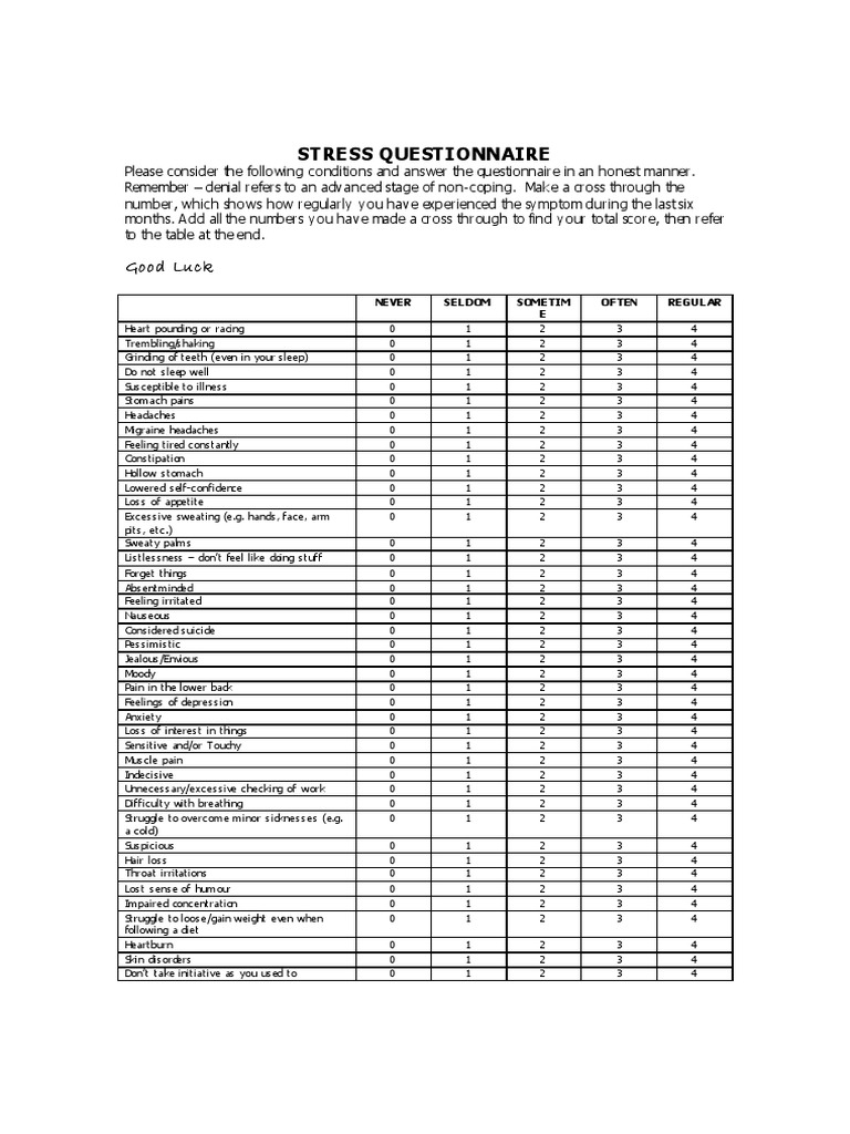 Stress Questionnaire: Good Luck | Download Free PDF | Coping ...