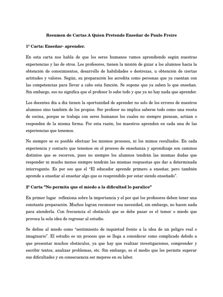 Resumen de Cartas A Quien Pretende Ensenar de Paulo Freire Lili | PDF ...