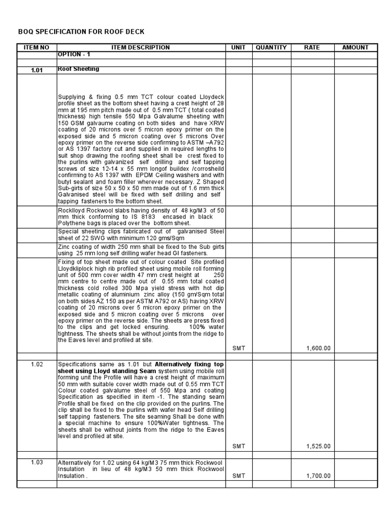 Roof Deck BOQ Specification Document | PDF | Sheet Metal | Fiberglass