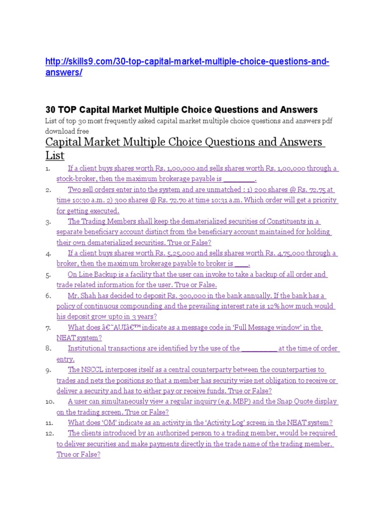 Capital Market Multiple Choice Questions and Answers List | PDF ...