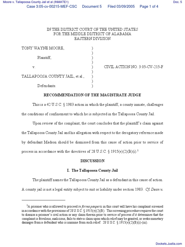 Moore v. Tallapoosa County Jail Et Al (INMATE1) Document No. 5 PDF