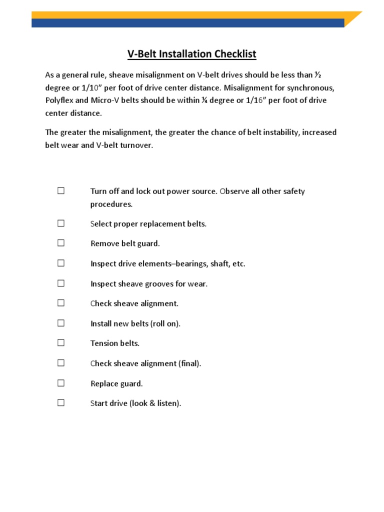 vbelt installation checklist Belt (Mechanical) Manufactured Goods