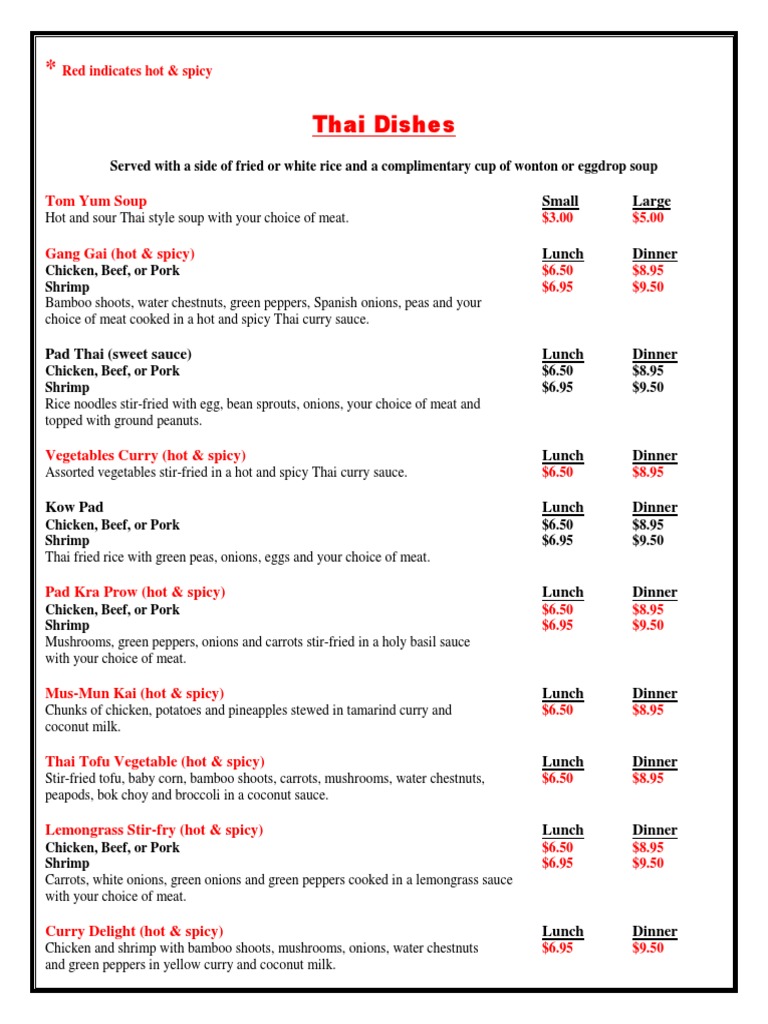 Spicy Thai Menu Highlights | PDF
